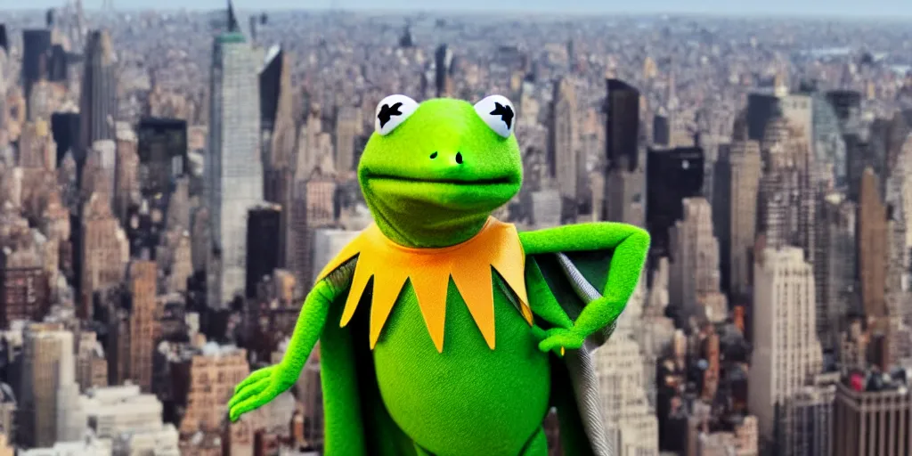 Kermit the frog with a superhero cape on top of a Stable Diffusion
