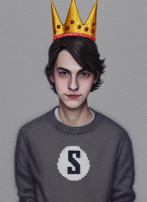 Image similar to portrait of teenage jughead jones wearing a light grey crown, photorealistic, crown, sweater with letter s on it, hamburger, eyes closed, crown, black hair, intricate, elegant, glowing lights, highly detailed, digital painting, artstation, concept art, smooth, sharp focus, illustration, art by wlop, mars ravelo and greg rutkowski