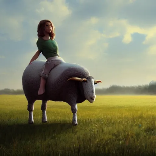 Prompt: girl riding a giant sheep in a field, trending on artstation