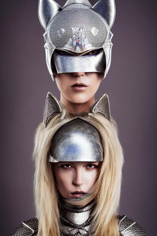 Image similar to female knight wearing a real cat on her head, armor designed by wayne barlowe, swarovski and tiffany, blonde hair, symmetry, sci - fi, cinematic, elegant, luxury, perfect light, perfect composition, dlsr photography, sharp focus, dark fantasy, 4 k, ultra hd, sense of awe, highly detailed, realistic, intricate