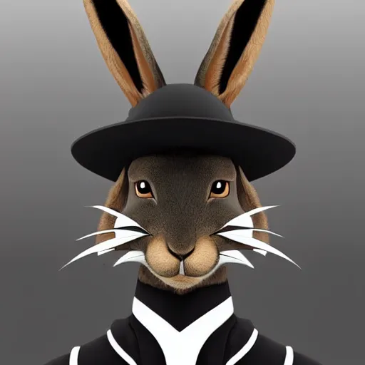 Image similar to anthropomorphic jackrabbit harengon with black skin and white highlights, wearing stylized monk robes and a very wide brimmed black safari hat, focus on hat, digital art featured on artstation