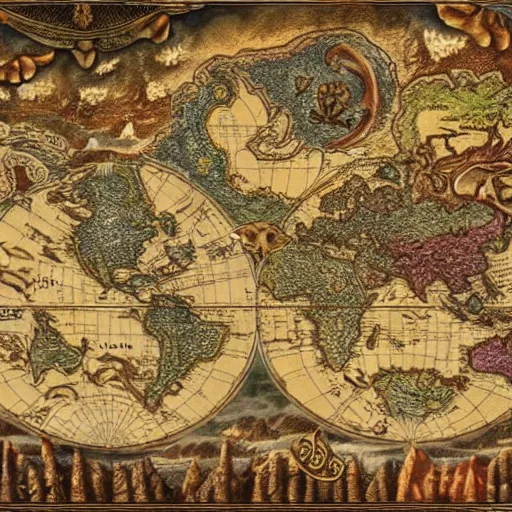 Image similar to fantasy map, highly detailed, many continents, oceans.