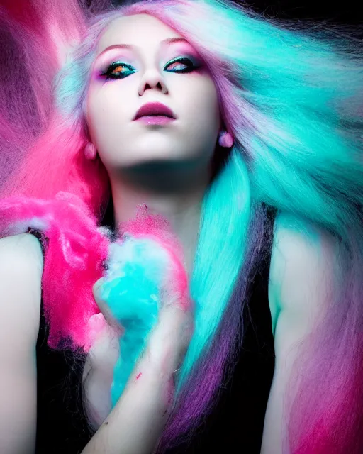 Image similar to a dramatic lighting photo of a beautiful young woman with cotton candy hair. blood splashes with a little bit of cyan and pink