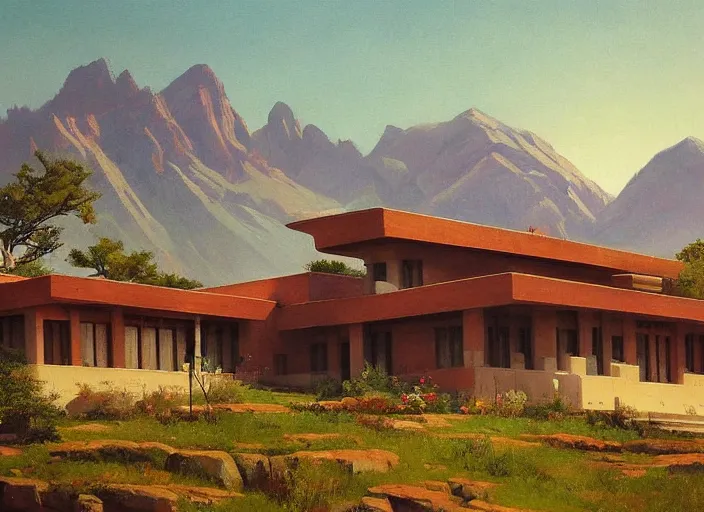 Prompt: painting of a frank lloyd wright house in front of beautiful mountains by greg rutkowski