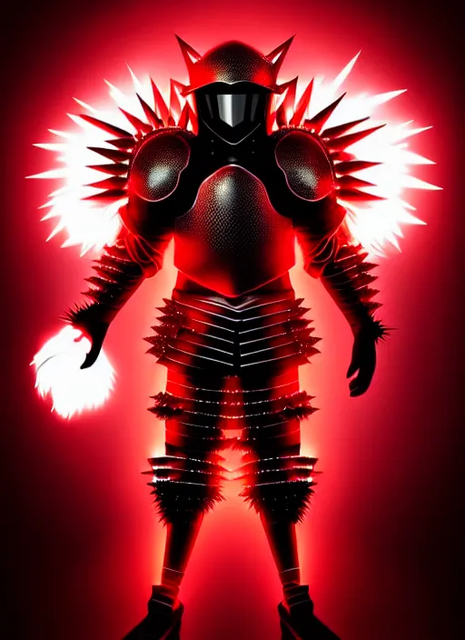 Image similar to a striking cinematic full body manga portrait of a long black haired masked male teenager wearing imposing red jagged spiked plate armour and glowing with raging powerful red energy by hirohiko araki and beeple, fine details, digital art, character concept art, volumetric lighting, cinematic light, photorealistic