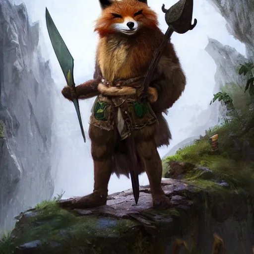 Prompt: an anthropomorphic fox warrior with all fur colored green and a beard, holding an viking axe in a polar reagion, by greg rutkowski and frank frazetta, intricate, artstation, vibrant, cinematic, style of magic : the gathering