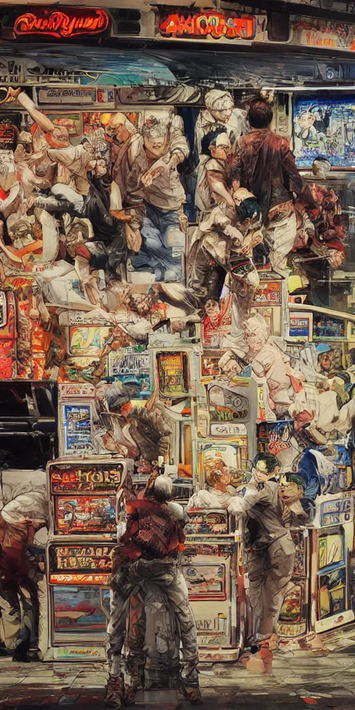 Image similar to oil painting scene from amusement arcade by kim jung gi