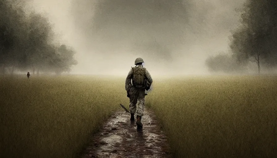 Image similar to World War 2 American soldier walking alone in a field under the rain, hyperdetailed, artstation, cgsociety, 8k