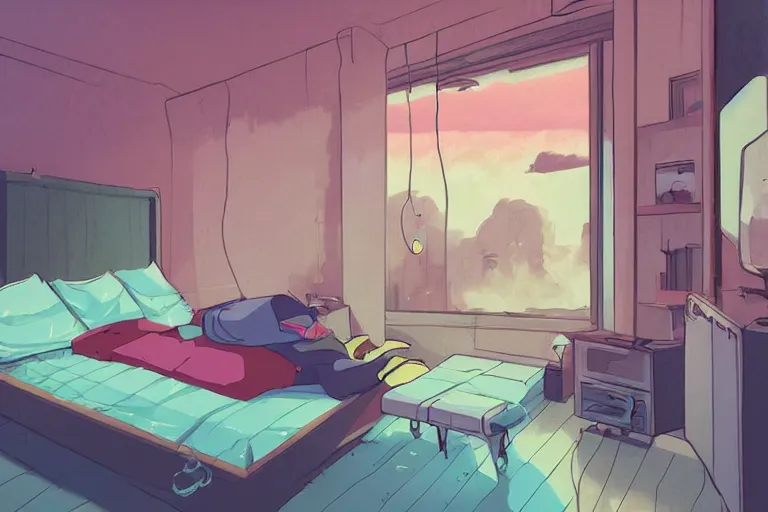 Prompt: thunderstorm bedroom, retro illustration in the style of makoto shinkai and leiji matsumoto