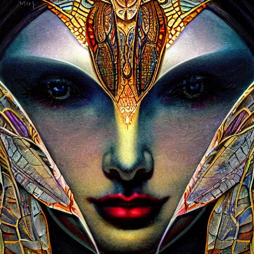 Prompt: beautiful closeup portrait of an art deco fairy queen, glowing eyes. reflective detailed textures, moth wings, highly detailed dark fantasy science fiction painting by donato giancola and diego rivera, elaborate geometric ornament, ancient runes, silver and cool colors. artstation