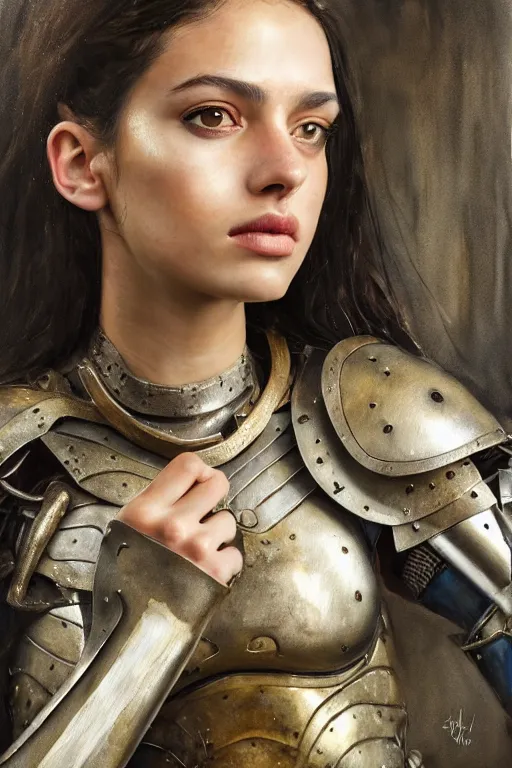 Image similar to a photorealistically painted portrait of an attractive young girl, partially clothed in metal-plated battle armor, abstract watercolor background, flawless olive skin, fair complexion, long dark hair, beautiful bone structure, perfectly symmetric facial features, perfect photorealistic eyes, natural physique, intricate, elegant, digital painting, concept art, finely detailed, beautifully illustrated, sharp focus, minimal artifacts, volumetric lighting, from Metal Gear, by Ruan Jia and Mandy Jurgens and Artgerm and William-Adolphe Bouguerea, in the style of Greg Rutkowski, trending on Artstation, award winning art