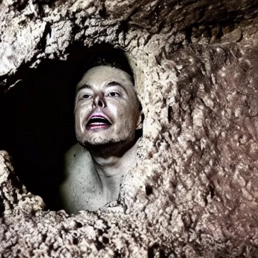 Image similar to photo inside a cavern of a wet reptilian humanoid rapper elon musk partially hidden behind a rock, with black eyes, open mouth and big teeth