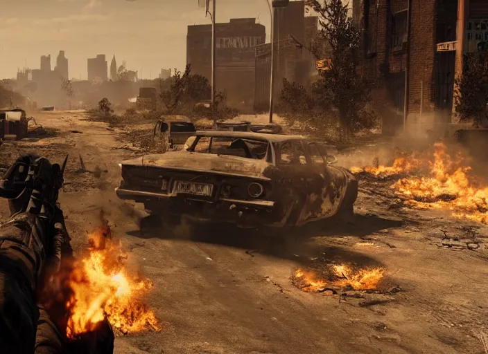 Prompt: detroit after the end of the world, unreal engine, incredibly detailed, fires on the plain, dramatic imagery, destitute, burning, 4 k,