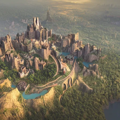 Image similar to A top-down view of a detailed and realistic D&D city, with a castle in the center and a river running through it. Cliffs and mountains in the distance. Volumetric lighting, studio lighting, 50mm lens, artstation, concept art, digital painting, 4k, by Timothée Goussin and Thomas Ricard