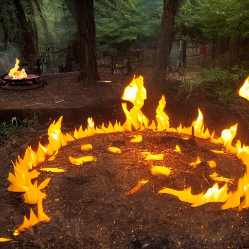 Prompt: a gathering of yellow raincoat wearing kitten magicians summon a fire goddess from the depths of a raging fire pit, flames are emerging from fissures in the ground.