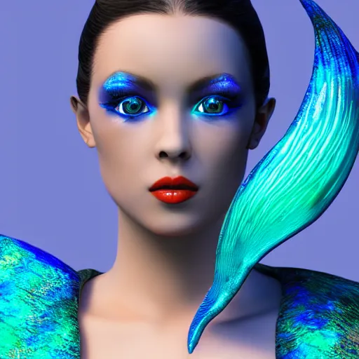 Prompt: mermaid with fierce black eyes and blue iridescent scales instead of skin, ultra realistic 8k