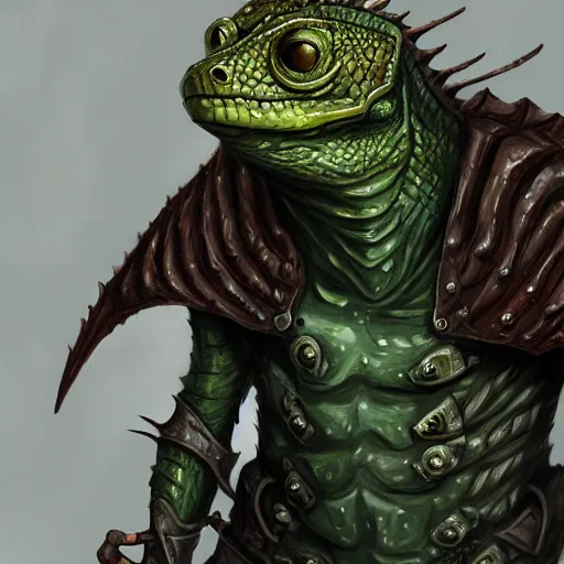 Image similar to lizard wearing oiled leather rogue armor, Lizardman thief, D&D, argonian, mideival setting, digital painting, highly detailed, concept art, sharp focus, artstation