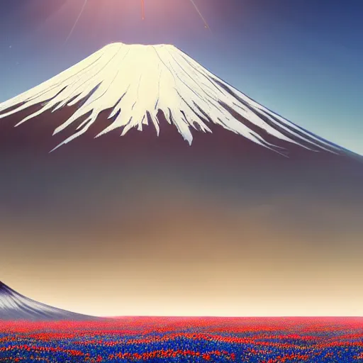 Prompt: a beautiful and detailed picture of mount fuji surrounded by a field of bluebonnets, in the style of magic the gathering, highly detailed, digital painting, god rays, volumetric lighting, octane render, 4 k resolution, art by adam paquette and johann bodin and jason rainville