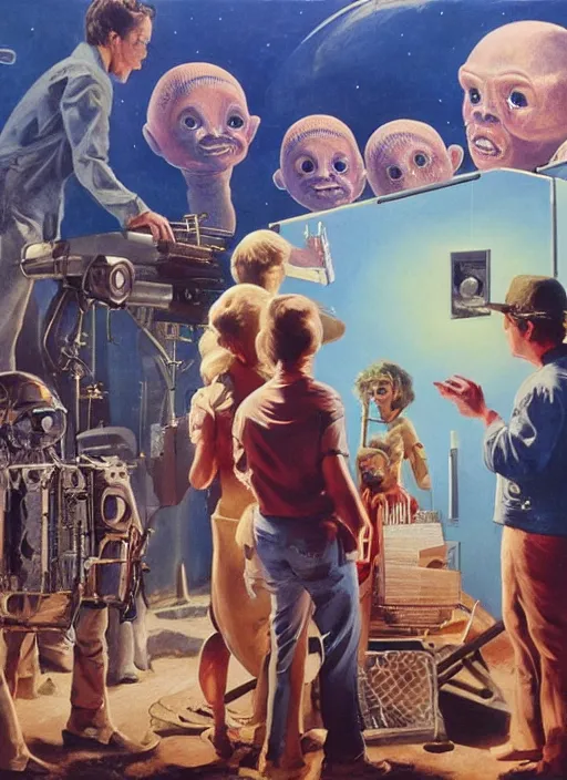 Image similar to a group of people standing around a cardboard box full of alien babies, an ultrafine detailed painting by john philip falter, shutterstock, american scene painting, movie still, concert poster, poster art