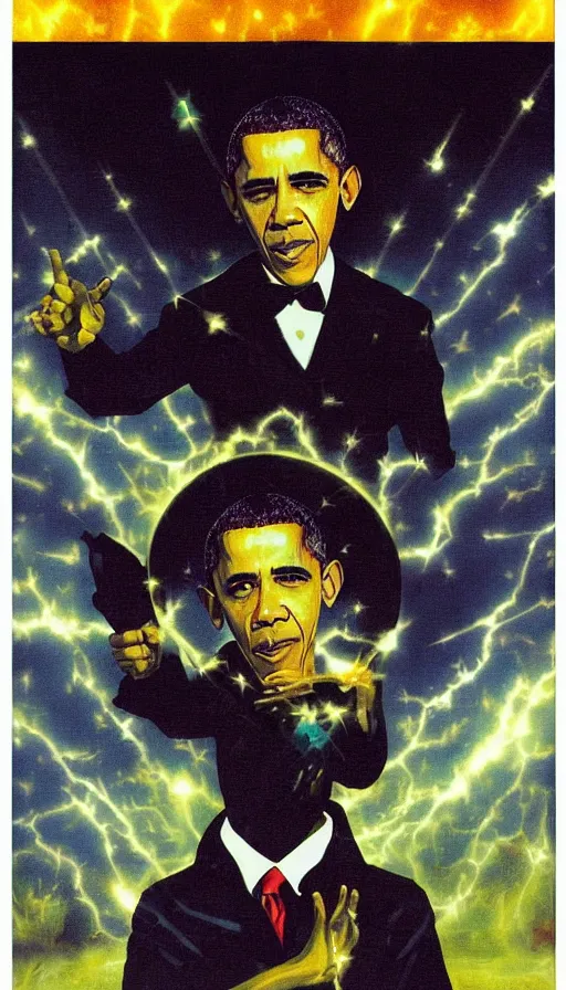 Image similar to obama is the highest ranking member of a highly advanced technological vampire cult, shooting lazer beams, hyperrealistic, surrealcore, lovecraftian, bright colours, 4 k by francisco goya