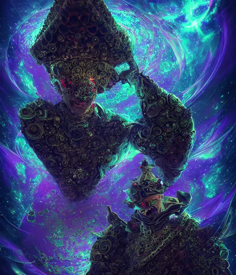 Image similar to front!!! shot of a court jester!!! character, mesmerizing fractal hypercubes, dark holography!!!, future, metallic nebula, crystalline edges, polygonal, elegant, highly detailed, centered, (((artstation, concept art, jagged, sharp focus, artgerm, Tomasz Alen Kopera, Peter Mohrbacher, donato giancola, Joseph Christian Leyendecker, WLOP, Boris Vallejo))), ((raytracing)), mugshot!!!!!, ugly!!!!!!, octane render, nvidia raytracing demo, octane render, nvidia raytracing demo, octane render, nvidia raytracing demo, 8K