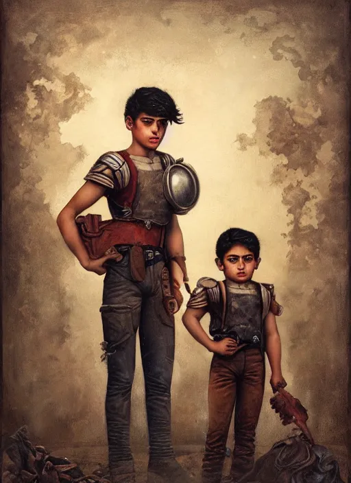 Image similar to portrait of macho young twin mexican buddies in guadalajara, by tom bagshaw and manuel sanjulian