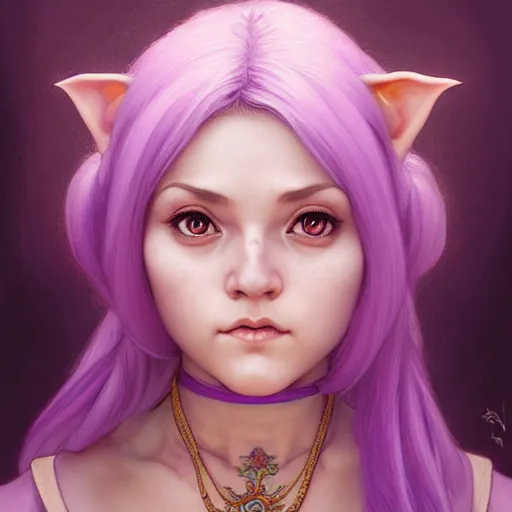 Prompt: Portrait of female gnome monk, D&D, purple eyes, face, short pink hair, fantasy, intricate, elegant, highly detailed, digital painting, artstation, concept art, smooth, sharp focus, illustration, art by artgerm and greg rutkowski and alphonse mucha
