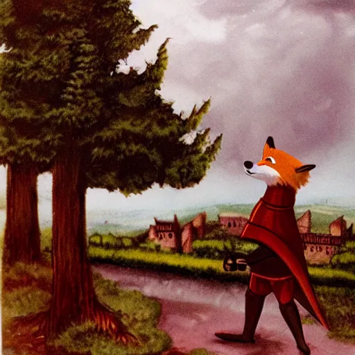 Image similar to anthropomorphic fox!! who is a medieval knight holding a swo - rd towards a stormy thundercloud [ 1 9 3 0 s film still ], ( castle in the background )