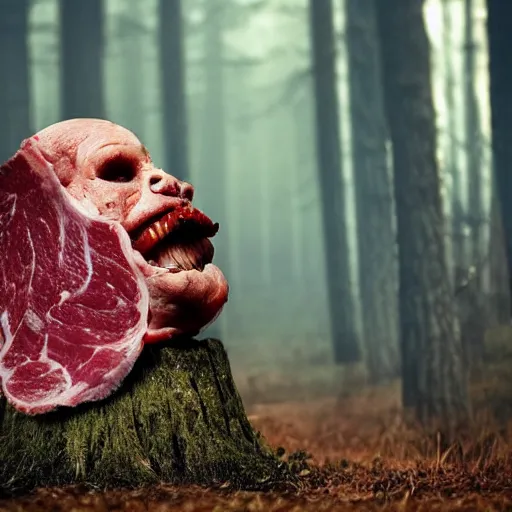 Image similar to big fat butcher with a scary face chops a piece of meat on the stump in a dark forest, old photo, scary, creepy, terrible atmosphere