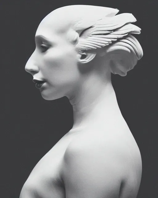 Prompt: a woman's face in profile, made of swan, in the style of the dutch masters and gregory crewdson, dark and moody