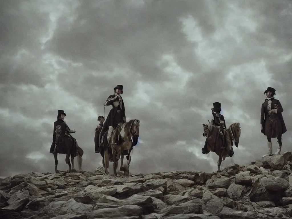 Prompt: stills from Robert Eggers' new film about Napoleon, cinematography by Andrei Tarkovsky, renaissance art style, surreal aura, dreamlike atmosphere, cinematic photography, 35mm, 4:3, highly detailed