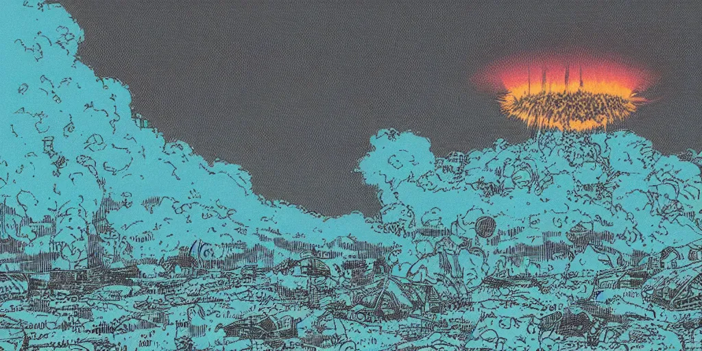 Image similar to a close - up grainy risograph, matte painting of a scene from the terminator doomsday atomic explosion by moebius and lehr paul