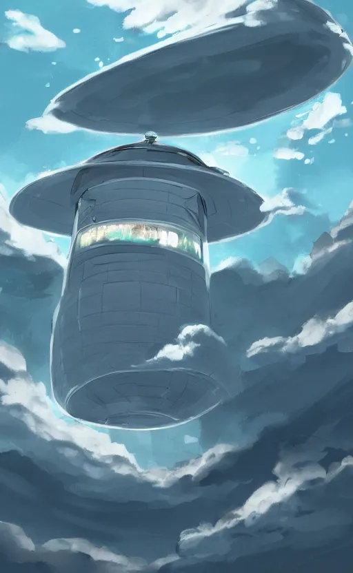 Image similar to an asymmetrical cell - shaded studio ghibli concept art study of a huge silver cube ufo in the sky. an elegant alien is on the ground. very dull colors,, hd, 4 k, hq