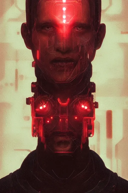 Image similar to head and shoulders render of man cyberpunk face ((glowing_red_eyes red emissives!)) android face inhuman creepy intimidating, exposed wiring bundle. detailed Tom Bagshaw and Greg Rutkowski and Alphonse Mucha Bladerunner 2049 artstation trending 165mm