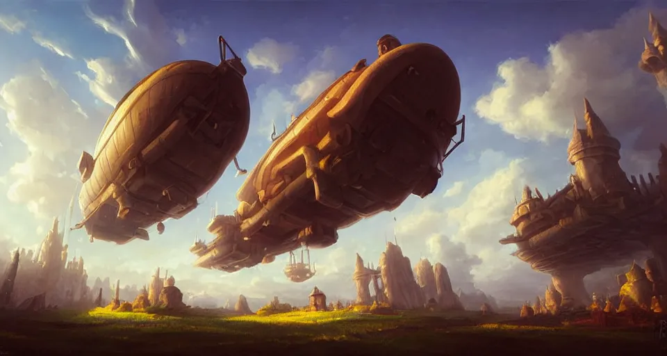 Prompt: landscape an fantasy town in the sky and an airship flying towards it andreas rocha