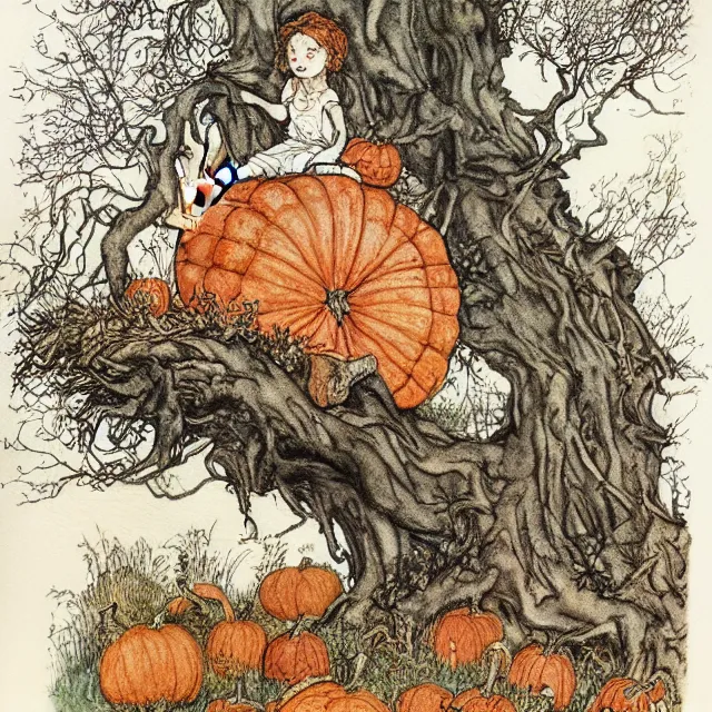 Image similar to a detailed, intricate watercolor and ink illustration with fine lines, of a young girl in a dress climbing a gnarled tree in a pumpkin patch, by arthur rackham and edmund dulac