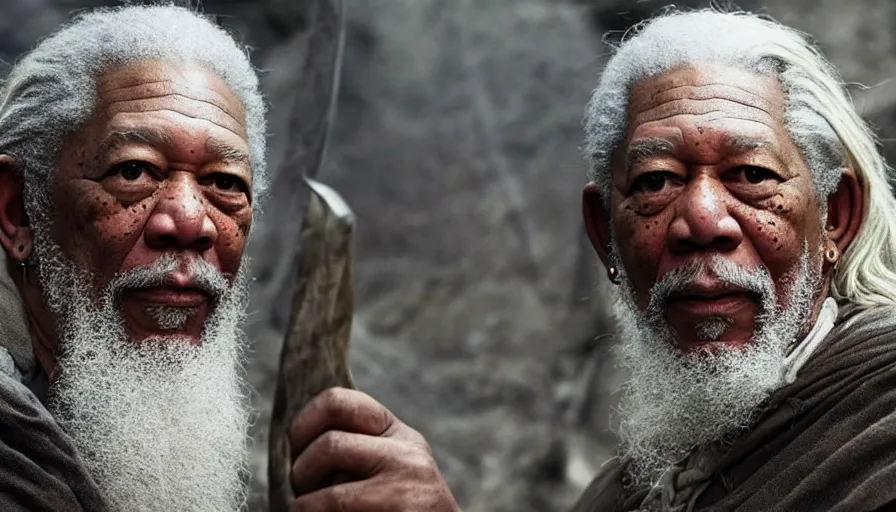 Image similar to morgan freeman starring as gandalf in lord of the rings, cnn news footage.