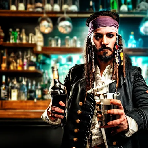 Image similar to a high quality portrait of a pirate bartender in a cyberpunk cyberpunk cyberpunk cafe, realism, 8k, award winning photo