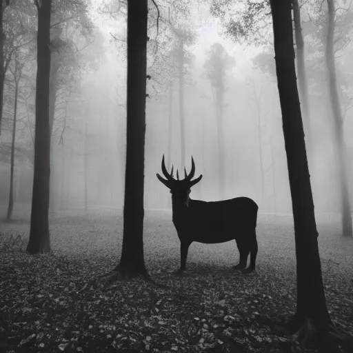 Prompt: deep misty forest with big black horned demon behind the tree, monochrome lomography