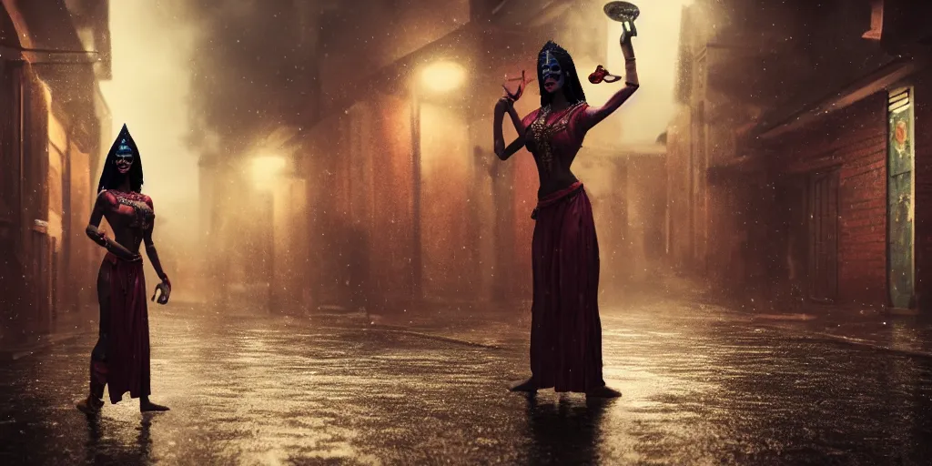 Image similar to portrait of the goddess Kali standing in an alley, raining, thunderstorm, photorealistic, wide angle, concept art, cinematic atmosphere, dramatic lighting, octane render, 8k, by Norman Rockwell ,-H 1024