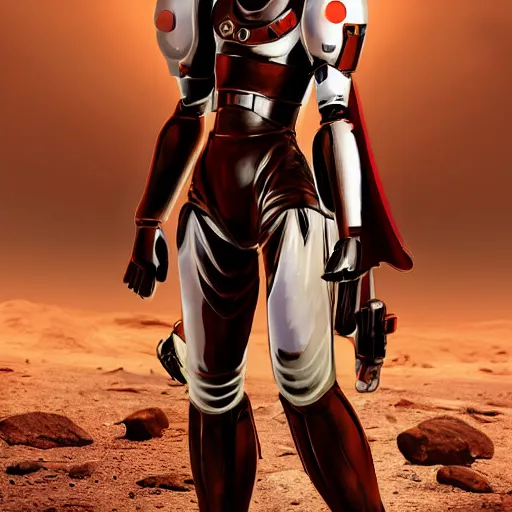 Image similar to a young female soldier with soot stained face, no makeup, in glossy sleek white bloodstained armor inspired by samus aran, long torn red cape, heroic posture, determined expression, no helmet, on the surface of mars, dramatic lighting, cinematic, sci-fi, hyperrealistic, detailed