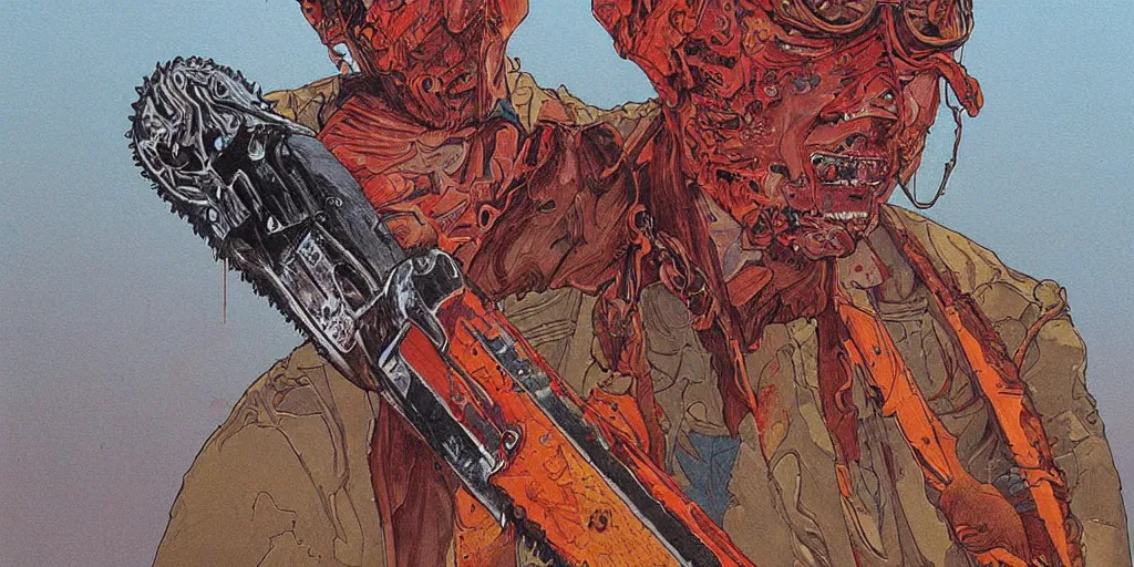 Image similar to Highly detailed painting of a chainsaw man by moebius