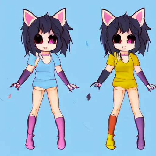 Image similar to full body character concept art of a little cat girl with yellow hair and blue eyes in chibi style