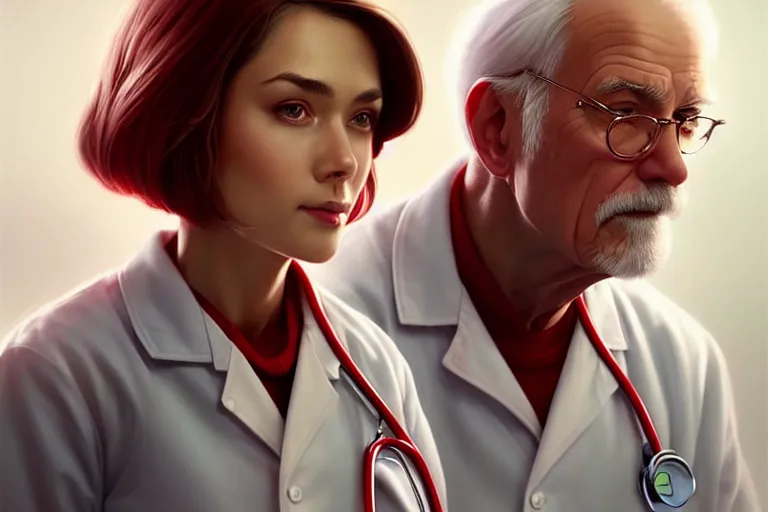 Image similar to a cute female doctor in a white coat, an old man with red t - shirt, cinematic, highly detailed, digital painting, artstation, concept art, matte, sharp focus, illustration, art by artgerm and greg rutkowski