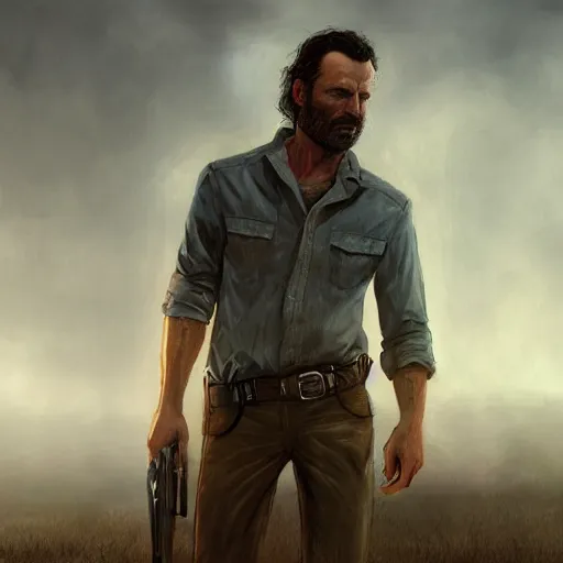 Image similar to rick grimes, portrait, fantasy, medieval, vivid colors, elegant, concept art, sharp focus, digital art, Hyper-realistic, 4K, Unreal Engine, Highly Detailed, HD, Dramatic Lighting by Brom, trending on Artstation