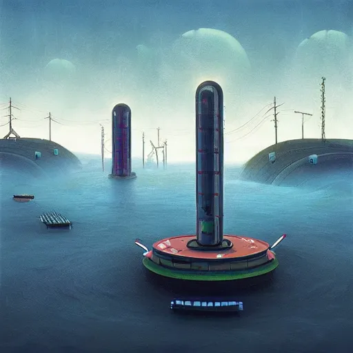 Prompt: ” futuristic flott surrounded by water, by simon stalenhag ”