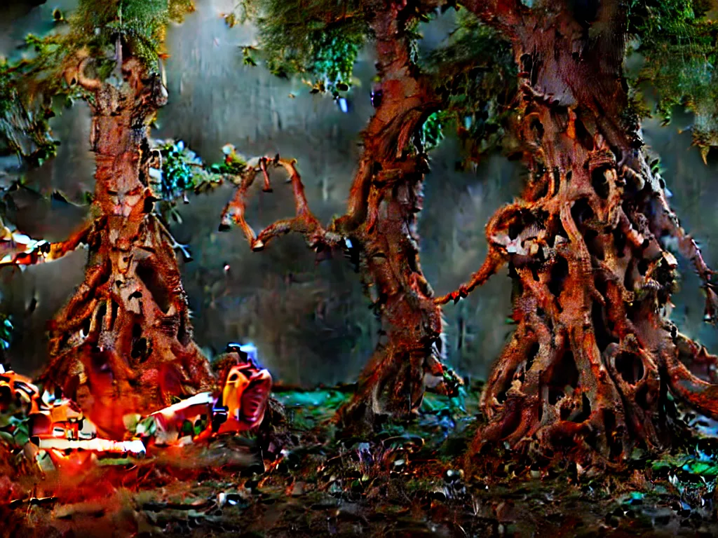 Image similar to photorealistic render of ent tree holding chainsaws and cutting humans who have their heads cut off by the floor with blood, hyper detailed, ultra realistic, 8 k, unreal engine render, ray traced lighting