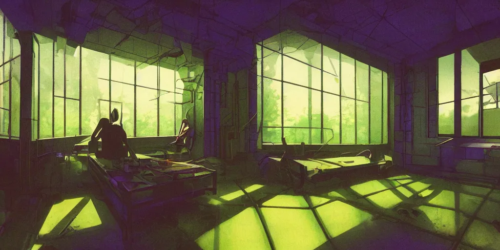 Image similar to 90s interior with organic windows, forest outside, in the style of Peter Chung, figures, bright fluorescent lights, neon colors, cinematic, cyberpunk, smooth, chrome, lofi, nebula, calming, dramatic, fantasy, by Moebius, by zdzisław beksiński, fantasy LUT, studio ghibli, high contrast, epic composition, sci-fi, dreamlike, surreal, angelic, 8k, unreal engine, hyper realistic, fantasy concept art,