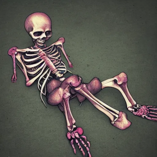 Image similar to skeleton in the fetal position, deep bleeding decaying colors