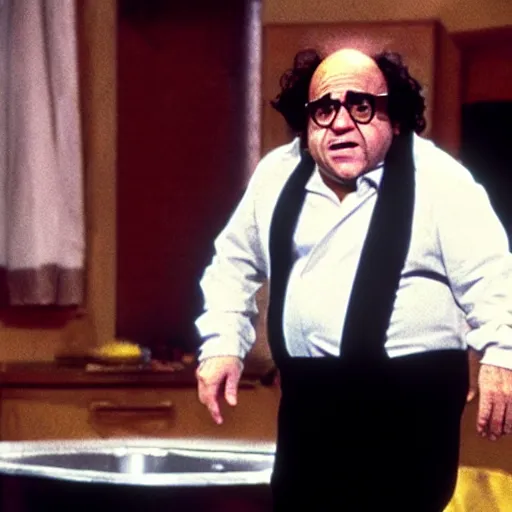 Prompt: a photograph of danny devito after a truly disastrous spaghetti incident